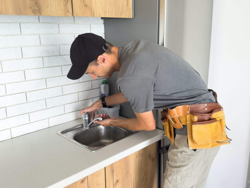 Plumber fixing a kitchen faucet
