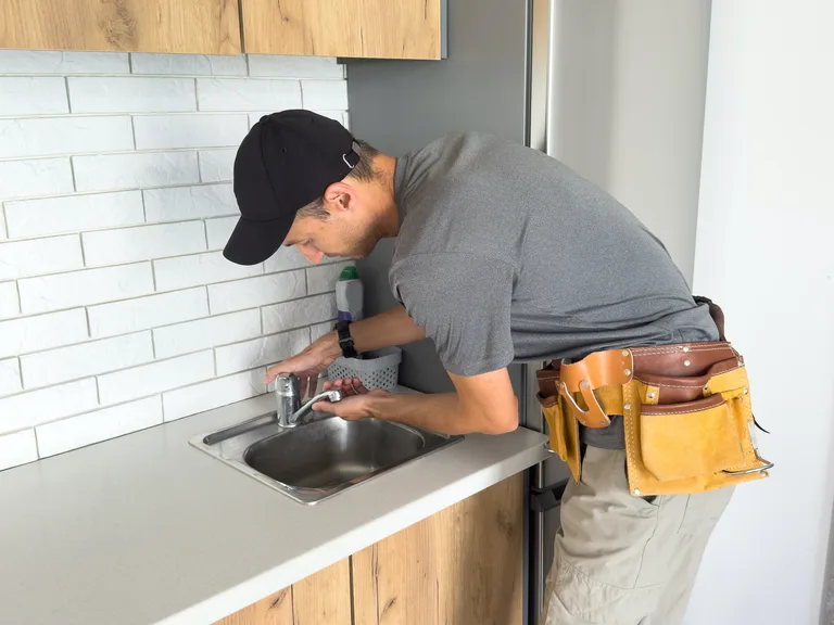 Plumber fixing a kitchen faucet