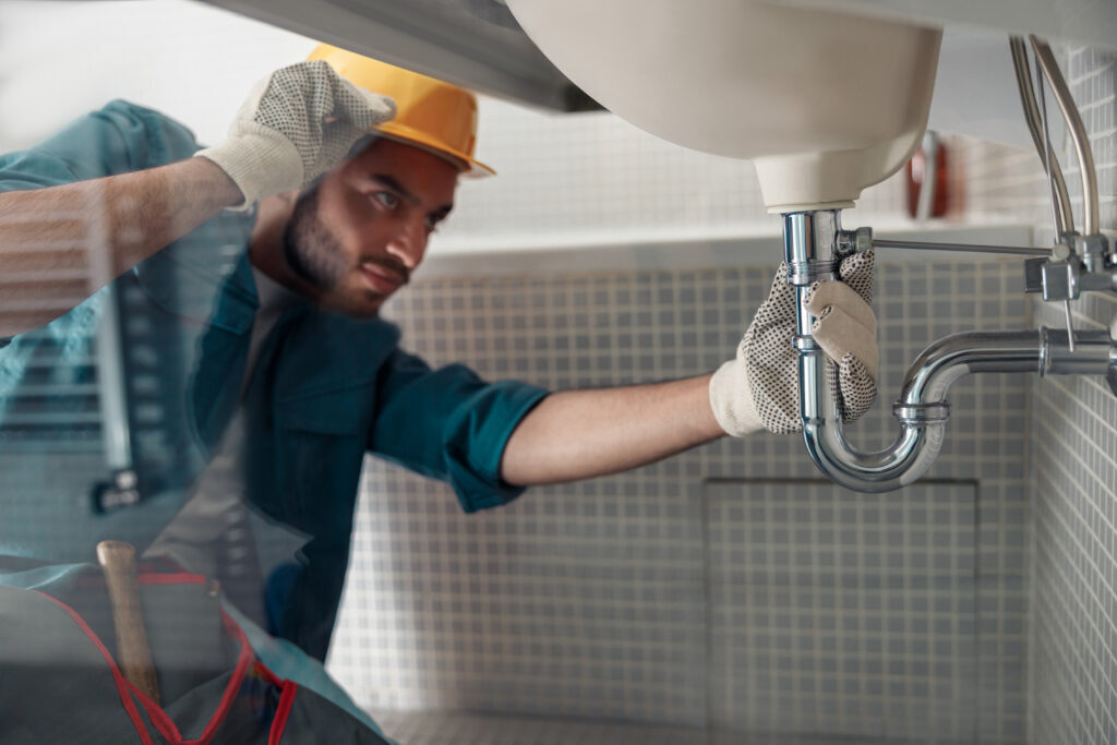 Plumber fixing a bathroom sink pipe