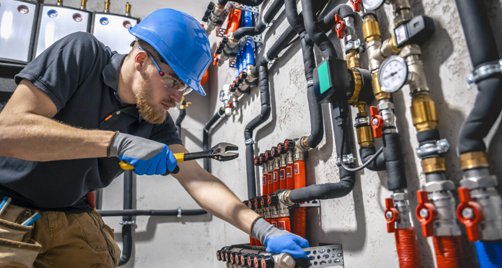 Plumbing technician repairing pipes with a wrench